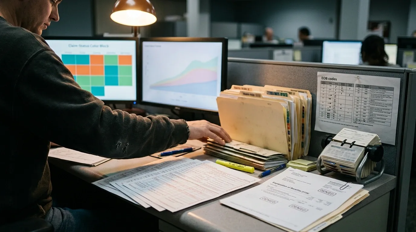 Biller in a cubicle reviewing denied Explanation of Benefits paperwork beside monitors showing a claim-status heatmap and trend chart