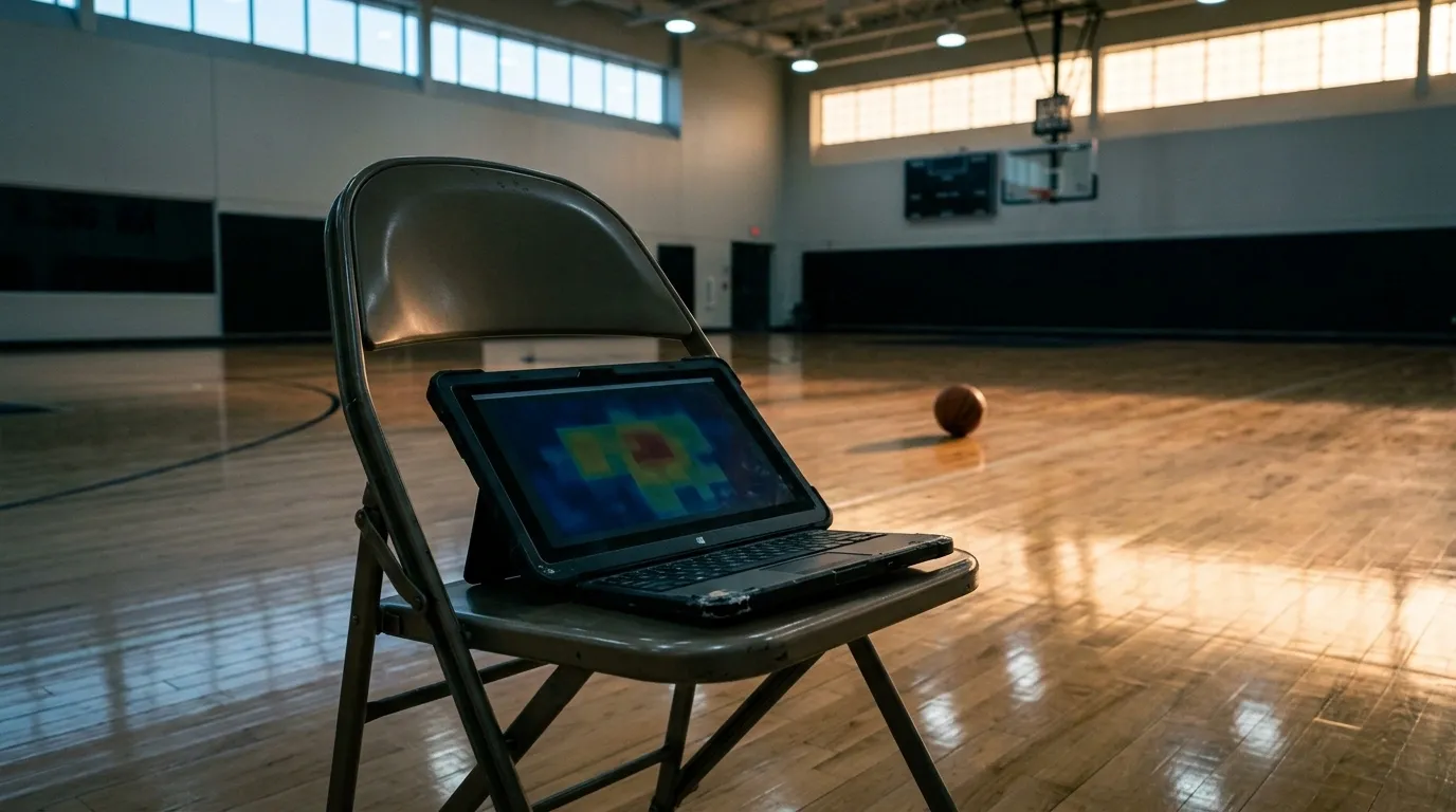 Rugged laptop on a folding chair in an empty basketball gym displaying a shot-chart heatmap, with a ball on the hardwood behind