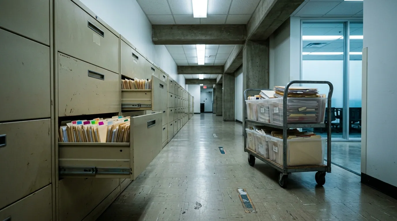Fluorescent-lit government corridor lined with metal filing cabinets, one drawer open, and a records cart parked near a glass office