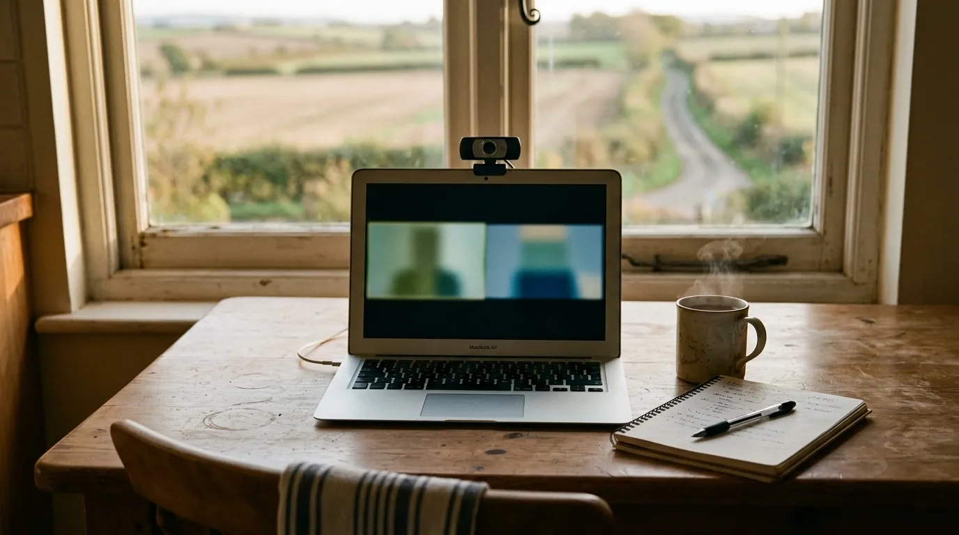 Laptop with external webcam on a rural kitchen table showing two blurred video tiles, a steaming mug and notepad alongside, farmland beyond the window