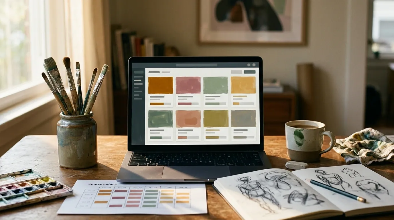 Artist studio desk with laptop showing a course-cohort dashboard in painterly swatches, jar of brushes, sketchbook, watercolor palette, and coffee mug