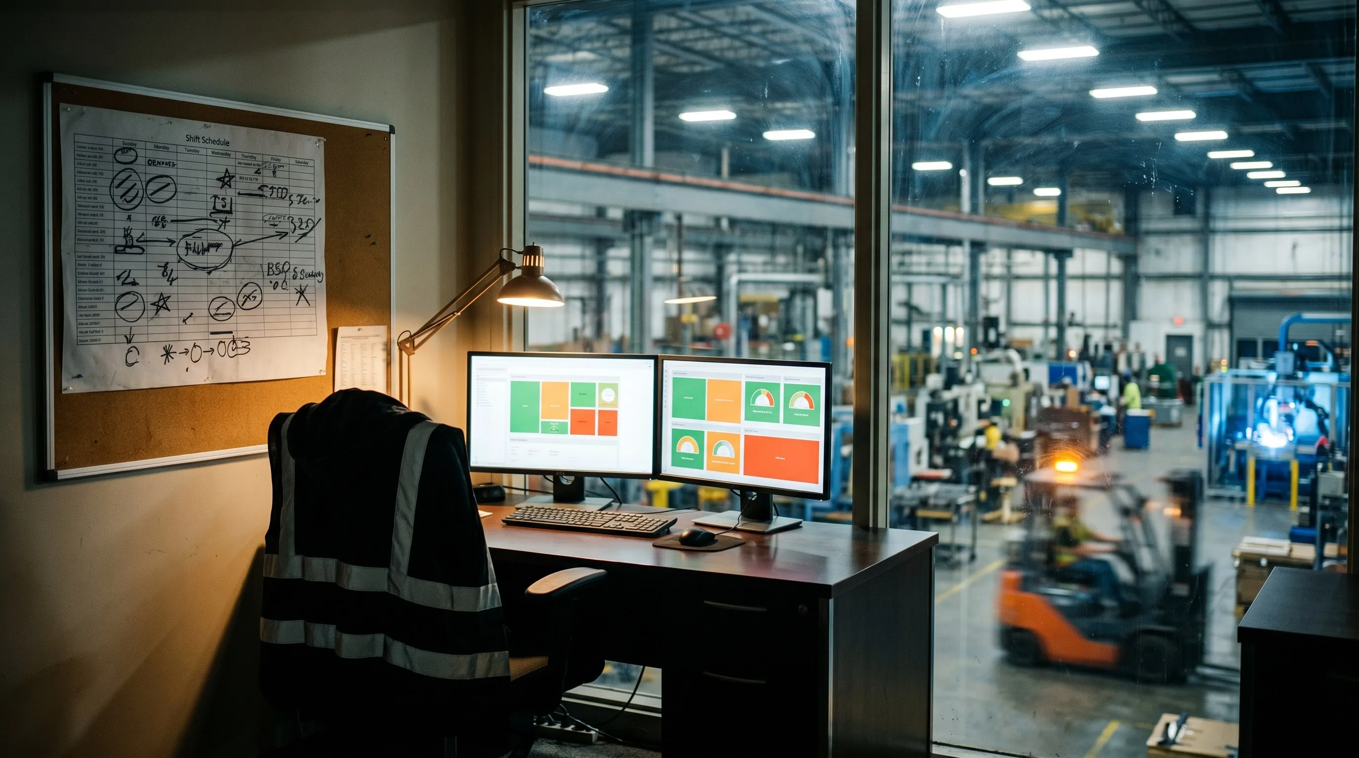 Plant manager’s mezzanine office overlooking a manufacturing floor through a glass wall, dual monitors with luminance-block operational dashboards, a high-vis vest on the chair, factory motion blurred beyond.