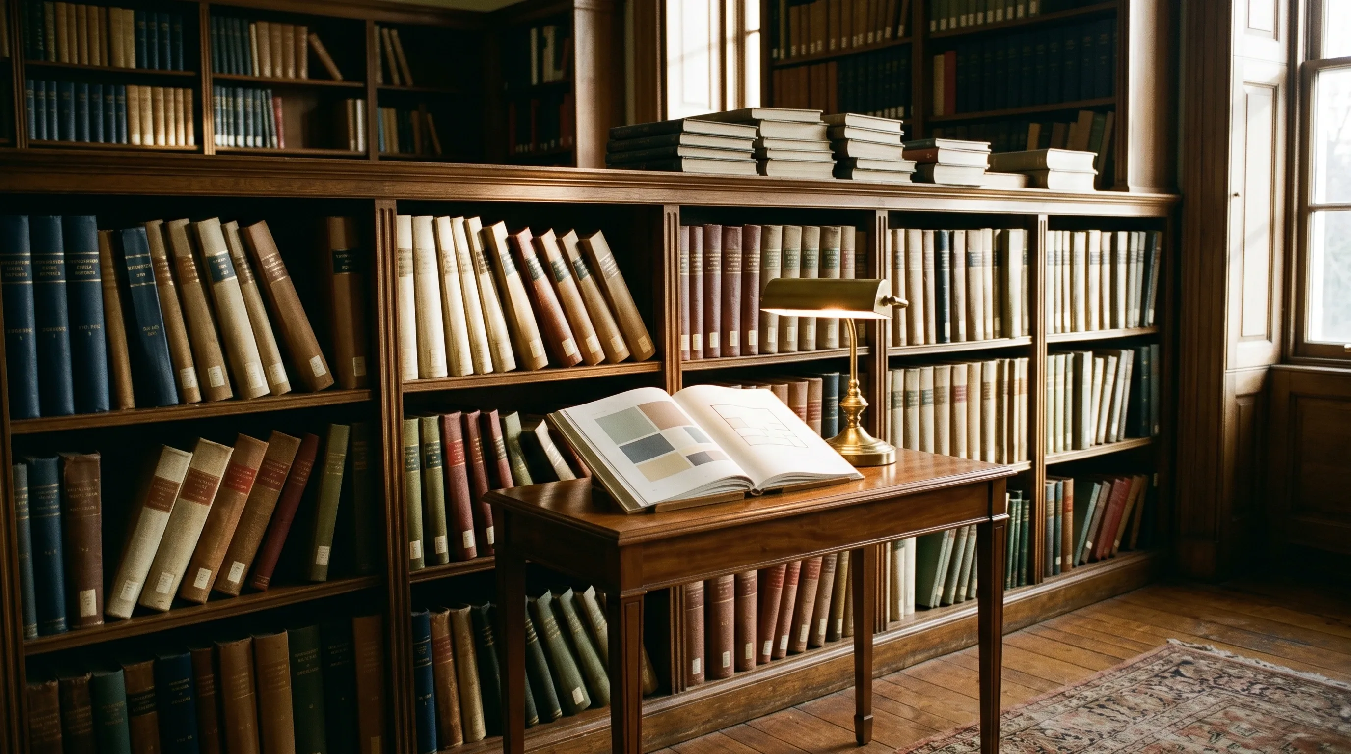 Library scene with wooden bookshelves and an open reference book on a desk under brass lamplight — visual reference to collected case-study research.