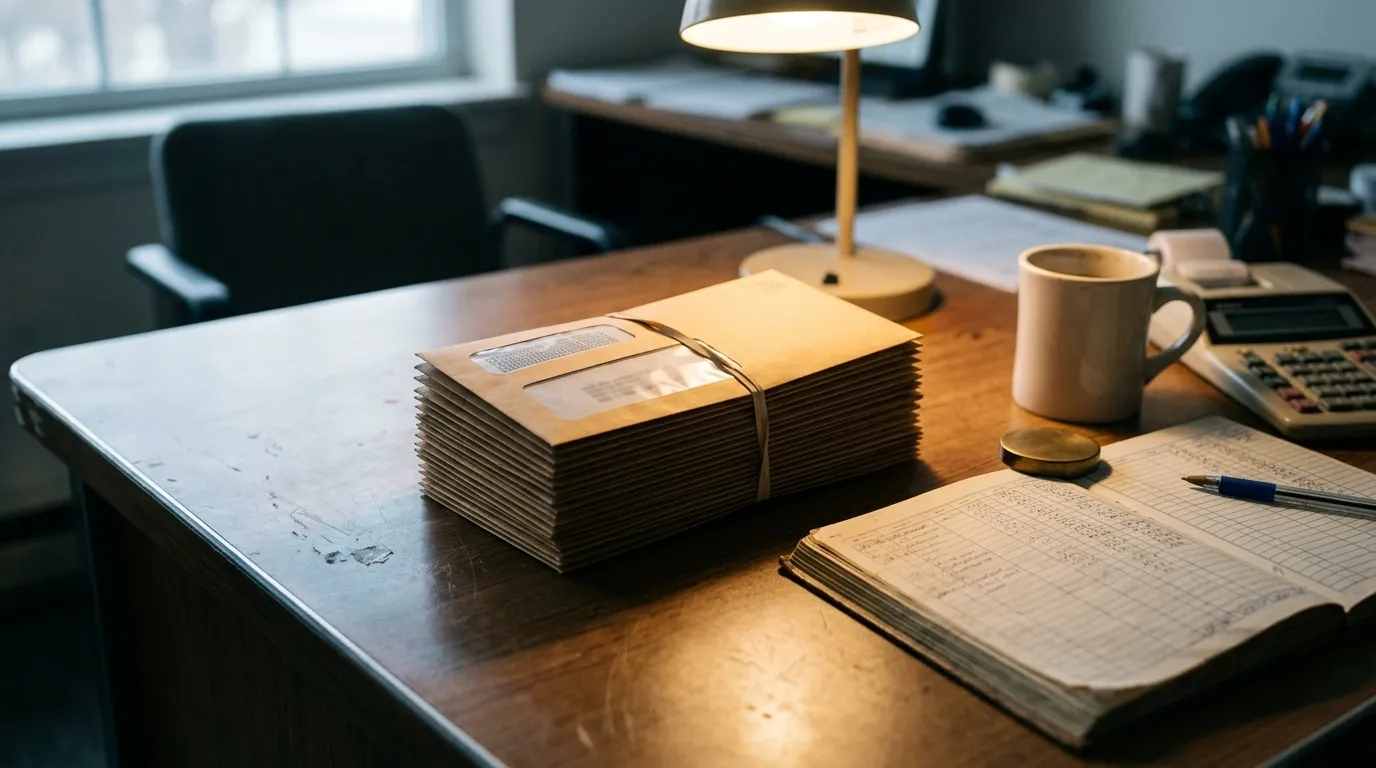 Dim office desk with a banded stack of window-envelope paychecks beside an open columnar ledger, calculator, coffee mug, and lamp
