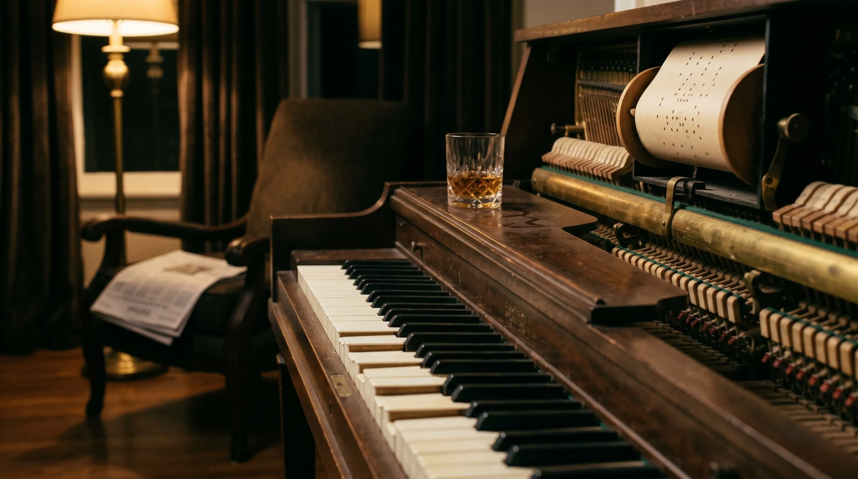 Antique player piano in an empty parlor mid-tune, viewed from low and to the side: keys depressed at different positions, the perforated paper roll turning behind the music desk, a cut-glass tumbler of whisky on the closed lid, a brass floor lamp glowing warm beside a reading chair.