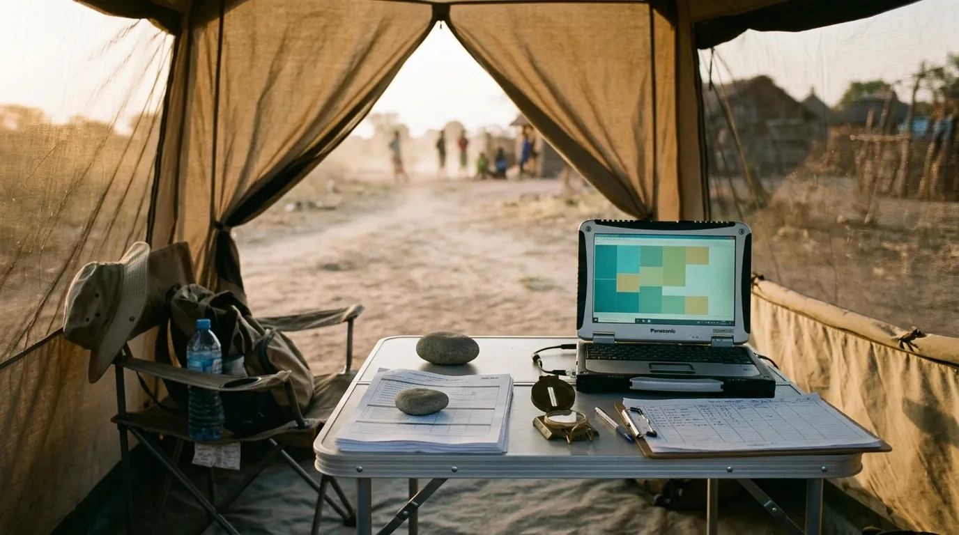 Field research tent at dusk with a rugged laptop showing color-coded data blocks, paper survey forms weighted by stones, a compass, and a water bottle