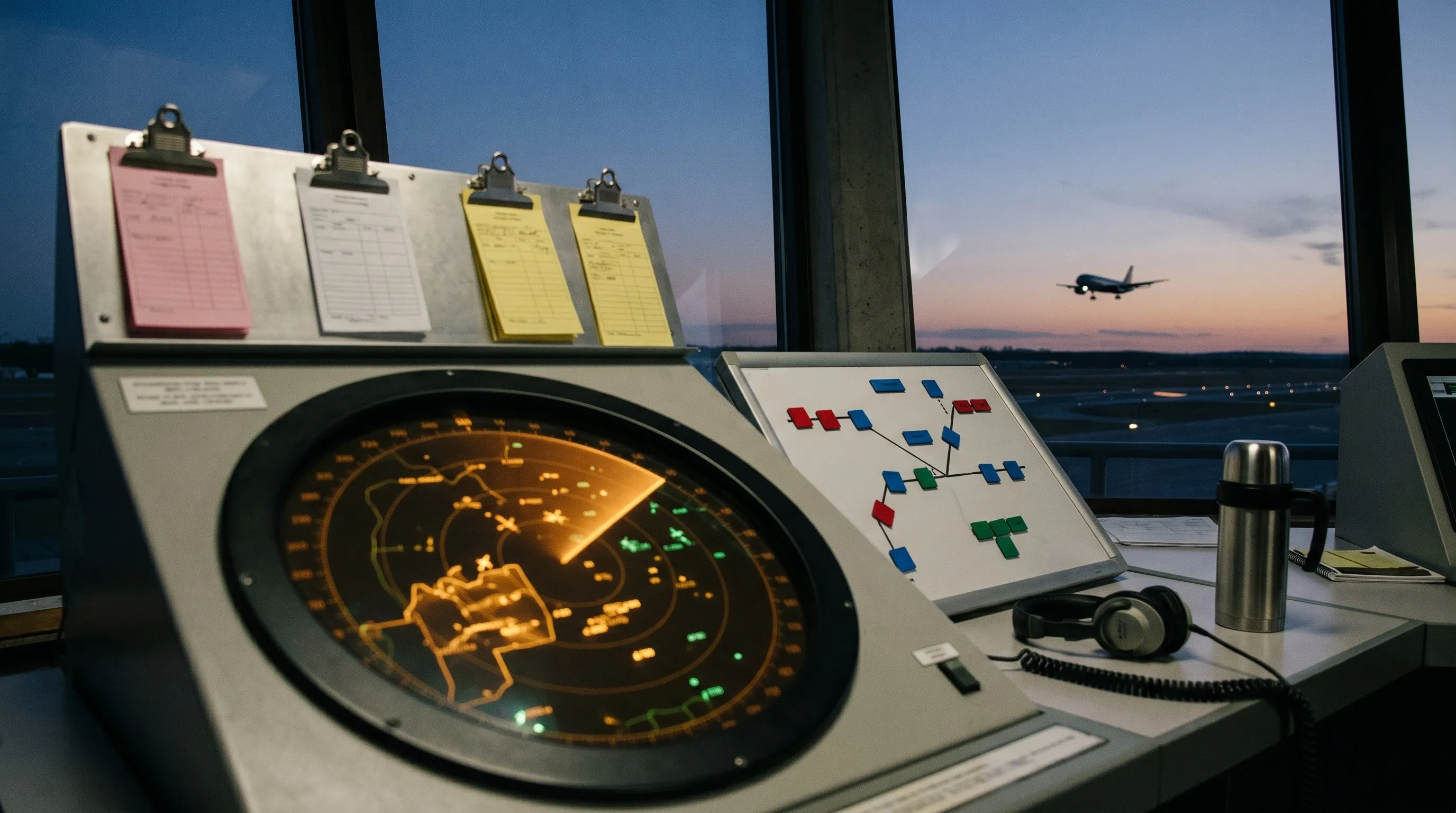 Air traffic control tower interior at dusk: a circular radar scope dominates the foreground with a rotating sweep arm catching amber position dots across an airspace map, pink and yellow flight strips clipped to a rail above, a magnetic position board with colored chips, headphones and thermos on the console, a landing aircraft silhouetted against the runway beyond.