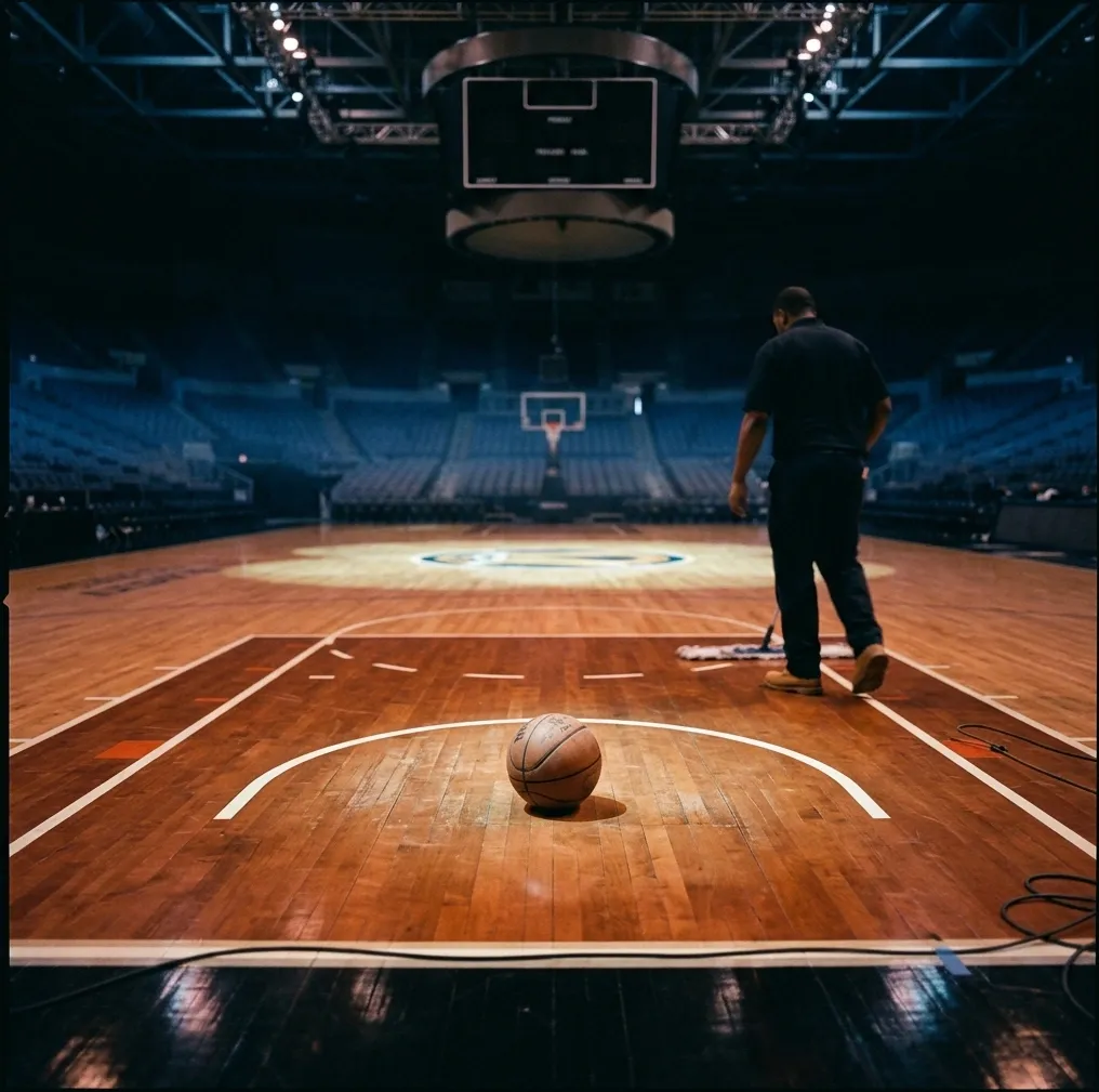 Editorial photograph evoking professional sports and entertainment operations