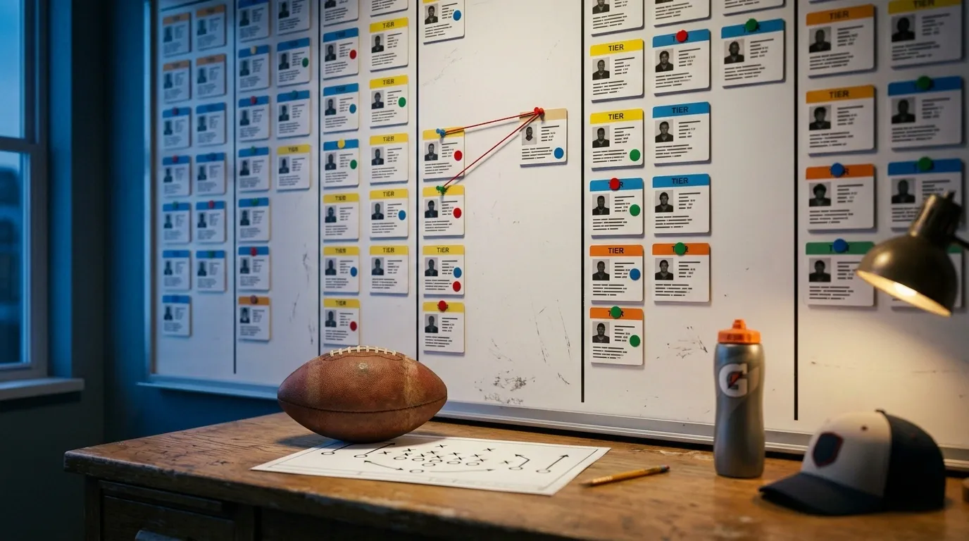 Scouting room wall covered in tiered player cards connected by red string, a weathered football and playbook sheet on the desk below