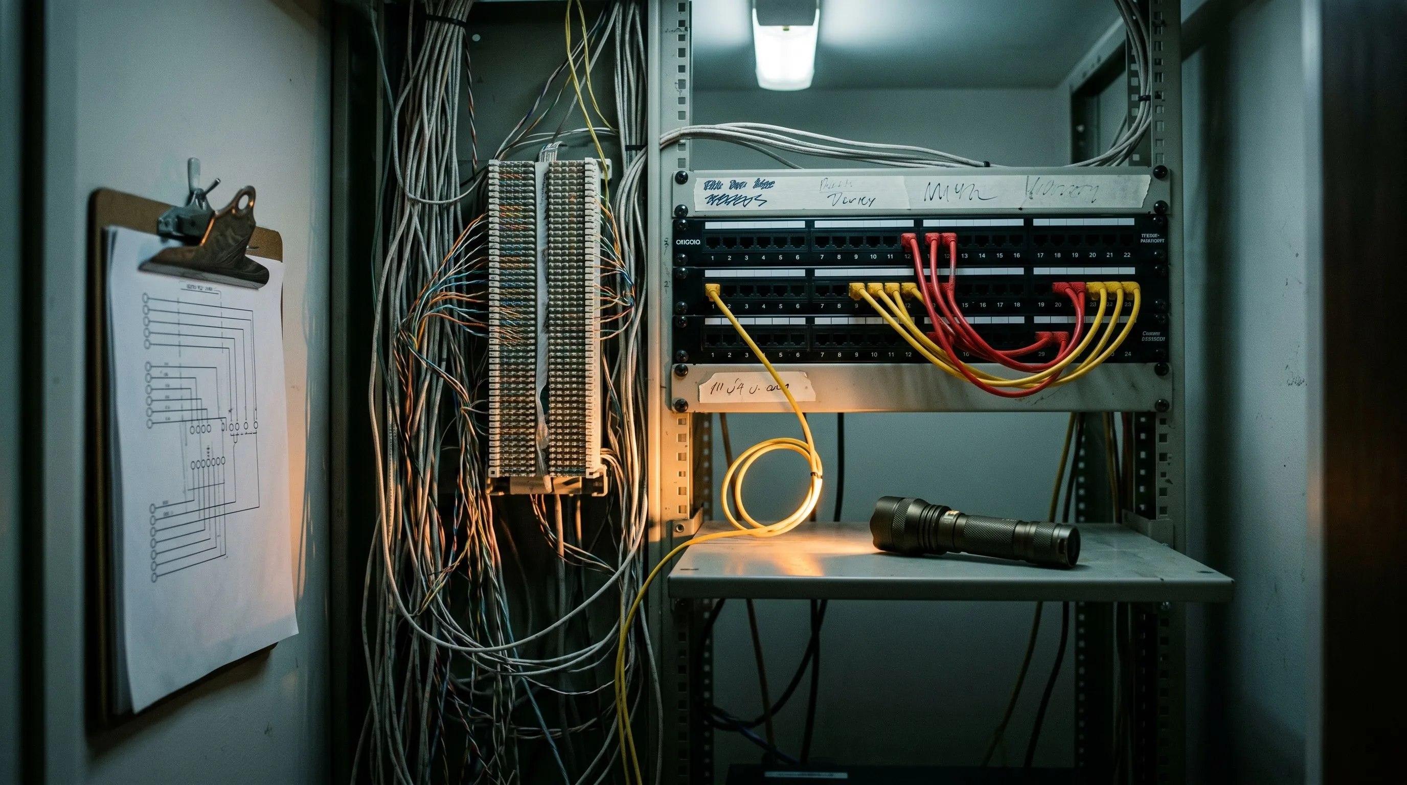 Telecom patch closet: a punch-down block of twisted-pair colors fanning out to a routing patchbay of red and yellow jumpers, a clipboard wiring map on a hook, a flashlight beam catching one cable loop.
