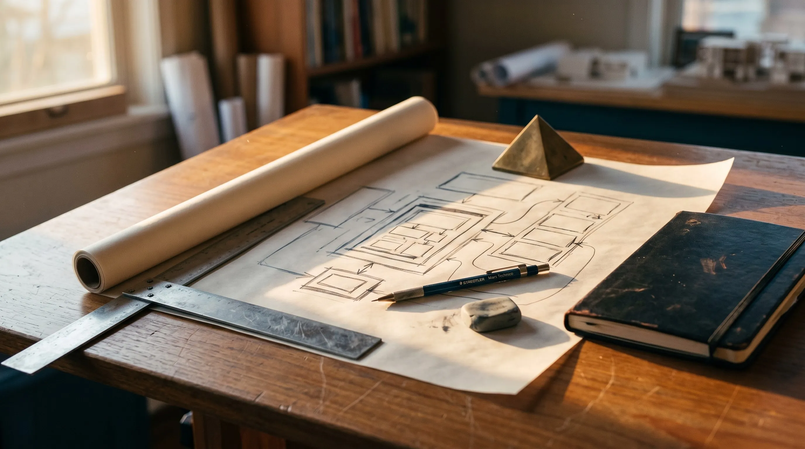 Architect’s drafting table at golden hour: tracing paper unrolled across hardwood, weighted with a brass paperweight and metal T-square, a pencil sketch of nested architecture rectangles visible, a worn leather notebook beside it.