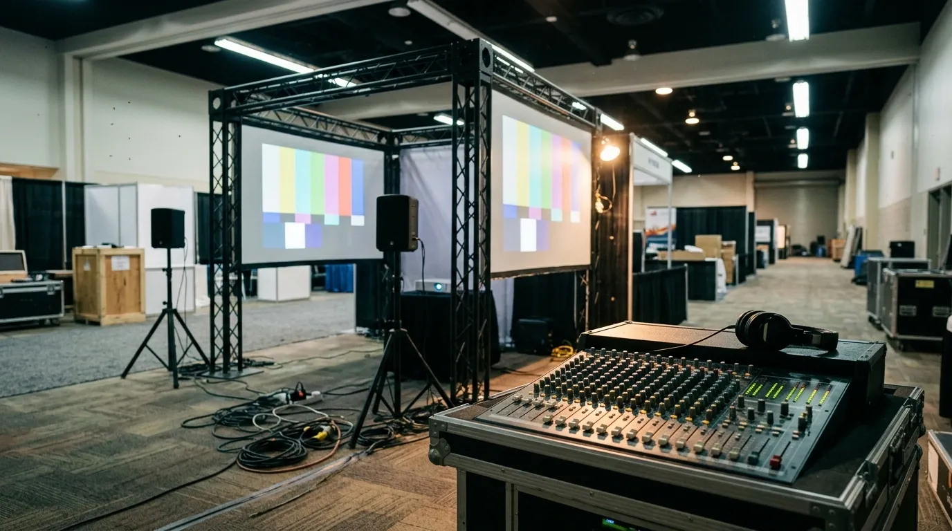 Trade show floor with twin projection screens showing SMPTE color bars behind a live-event audio mixing console and headphones