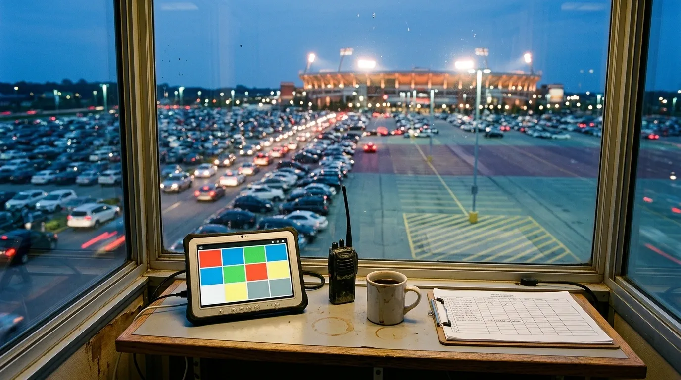 Parking booth overlooking a color-zoned stadium lot at dusk with a rugged tablet showing lot tiles, radio, clipboard, and coffee mug